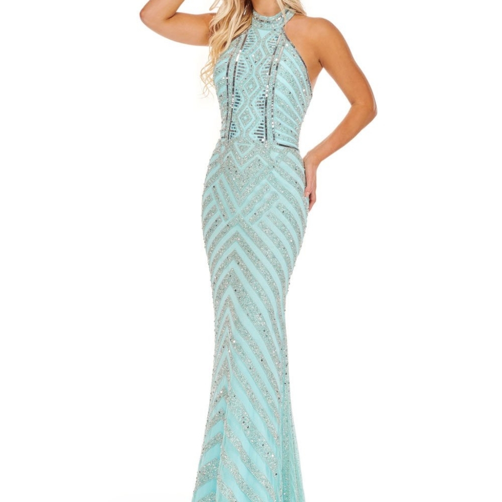 RACHEL ALLAN Aqua Silver halter beaded gown style #70057
